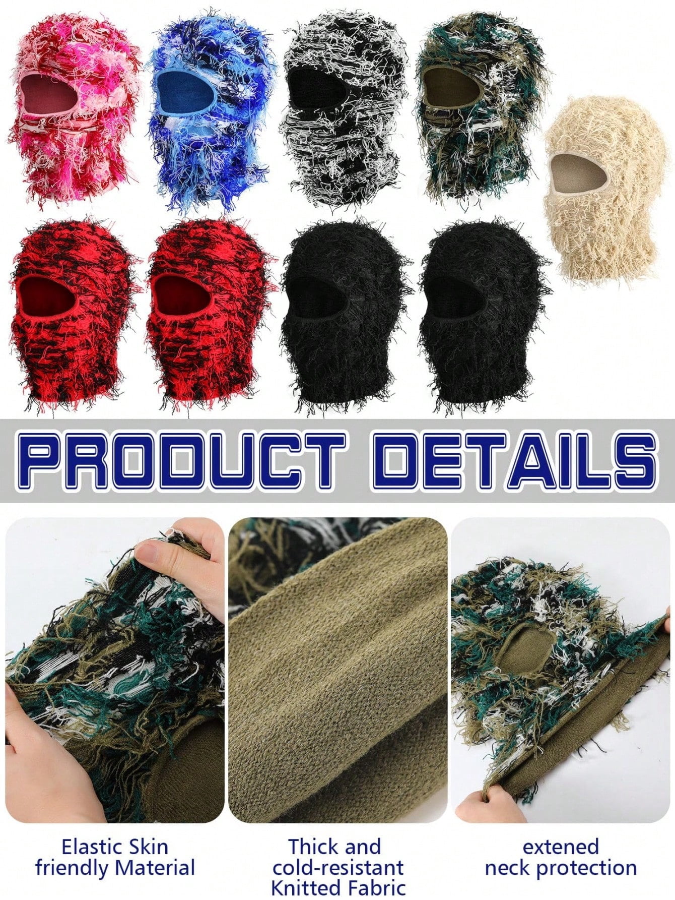 Distressed Fuzzy Balaclava Ski Mask, Multicolor, 1 Pack