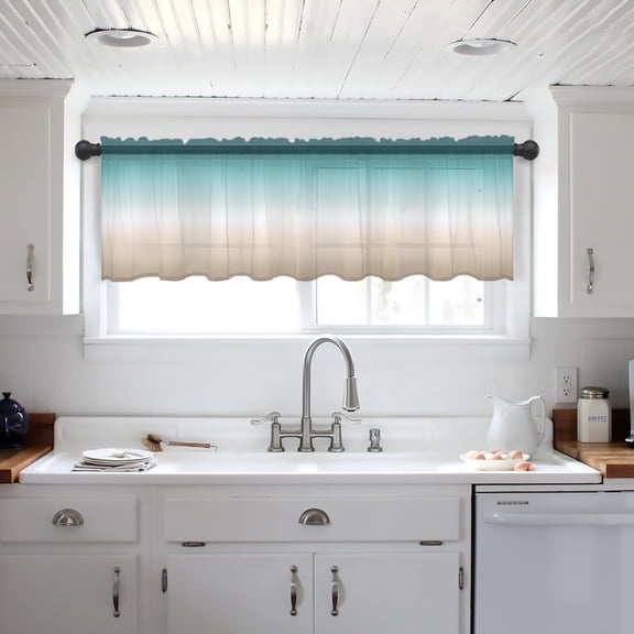 Teal Beige Ombre Cream Valance Curtains for Kitchen/Living Room/Bathroom/Bedroom Window,Modern Turquoise Abstract Art Aesthetics Small Topper Half Short Window Curtains Sheer Scarf 60"x18"