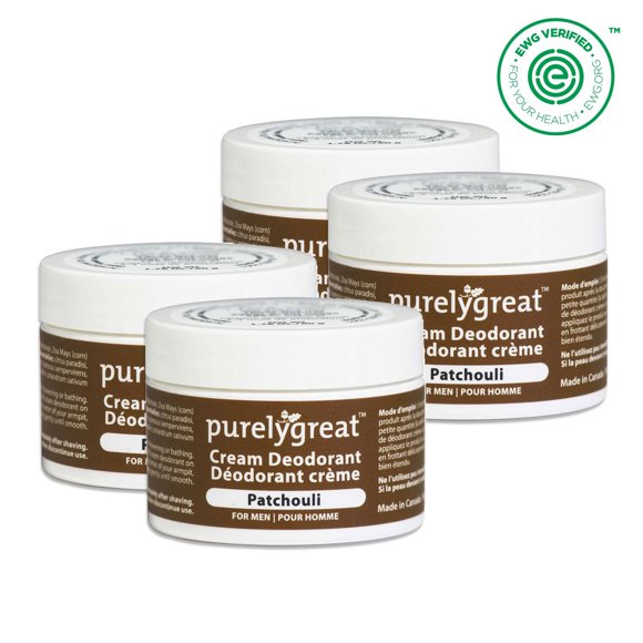 4 Pack - Purelygreat Natural Deodorant Cream - Patchouli 50g Aluminum Free Vegan, Made in Canada