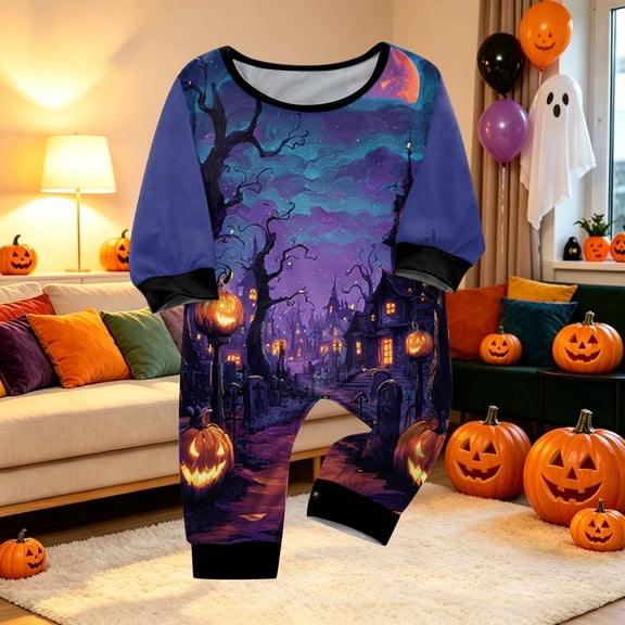 Family Halloween Matching PJs Set, Long Sleeve Shirt and Trousers Sleepwear Loungewear Outfits for Trick or Treat Party