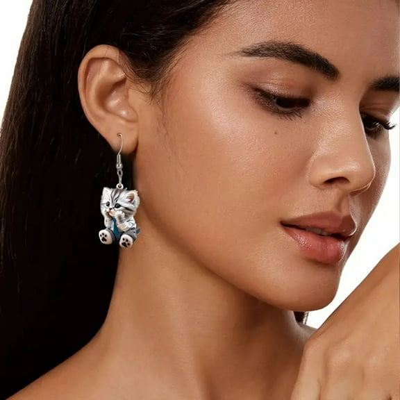 Eosunjian 1 Pair Women Hook Earrings 2D Realistic Cat Shape Animal Theme Individual Dangle Earrings Anniversary Christmas Gift Hanging Earrings Lady Ear Jewelry Cat