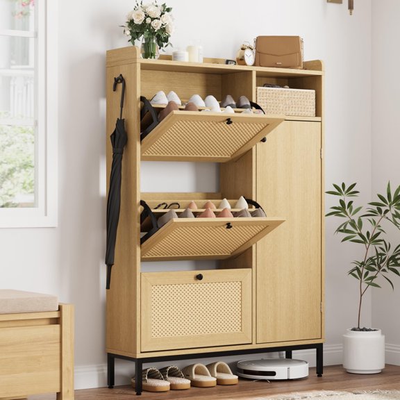 2025 New Rattan Shoe Cabinet with 3 Flip Drawers, 4-Tier Shoe Organizer Cabinet with Rattan Doors and Adjustable Shelves for Entryway, Hallway, Living Room