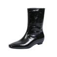 thumbnail image 3 of Domuza Women's Fall Winter Glossy Pointed Toe Mid Calf Boots, Ruched Wedge Heel Pull On Leather Look Short Boots Black 7（EU-38）, 3 of 5