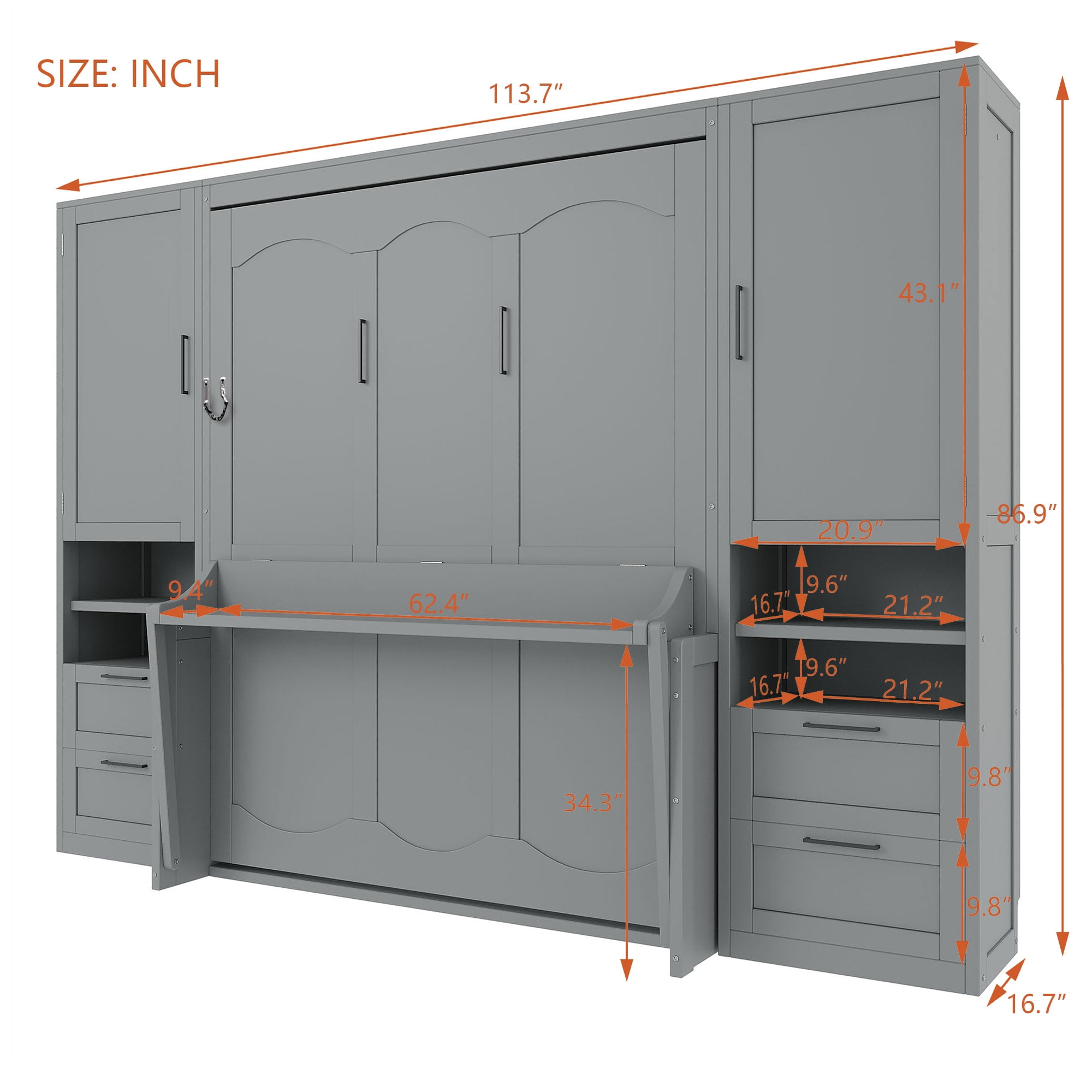 Mintazer Queen Size Murphy Bed with Side Wardrobes & 4 Drawers, Foldable Wall Cabinet Bed with Large Storage & Console Table for Guest Room Home Office Bedroom, Grey