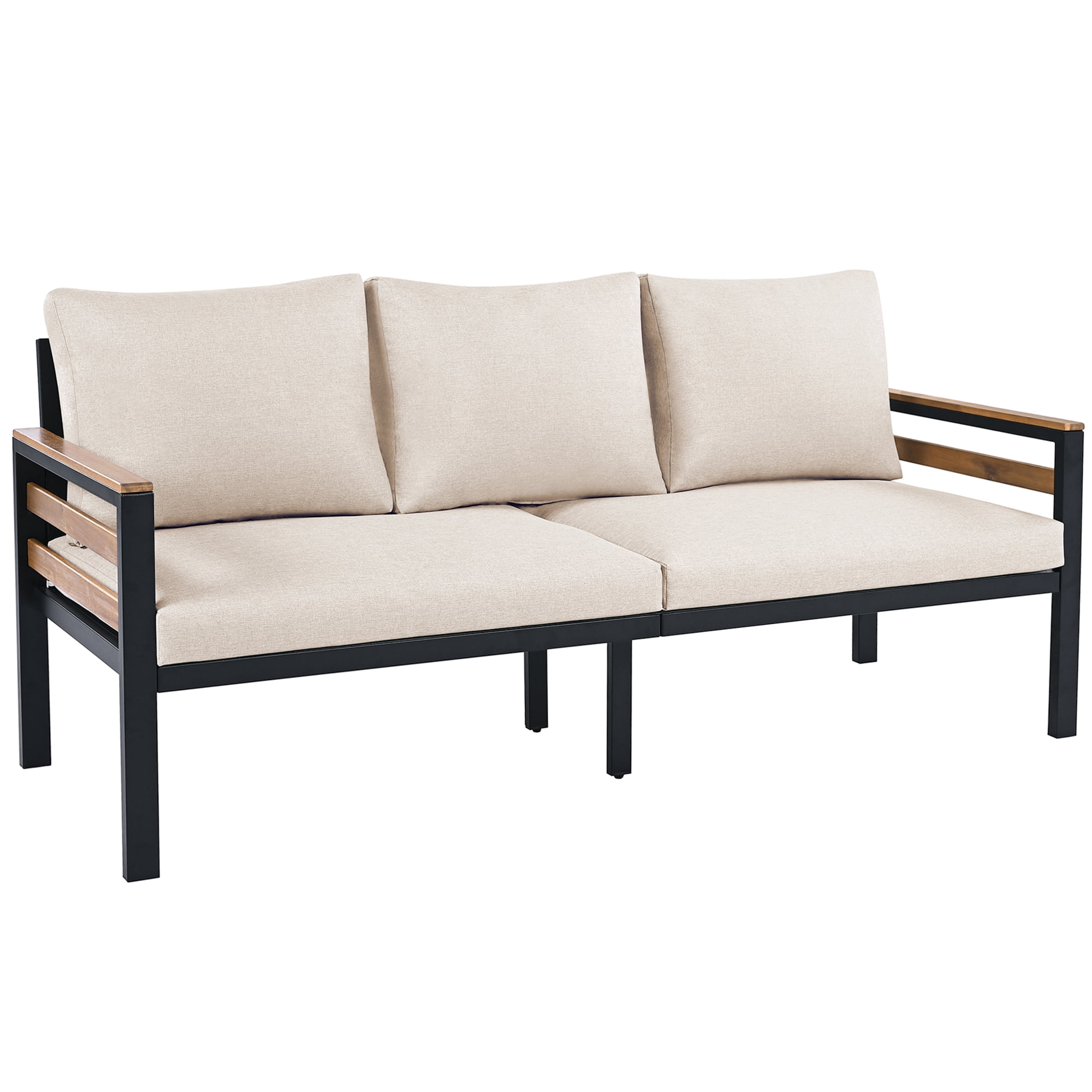 4-Piece Outdoor Furniture Sofa Set for 5 People with Acacia Wood Armrests, Patio Conversation Set with Removable Cushion and Solid Wood Coffee Table for Garden, Beige
