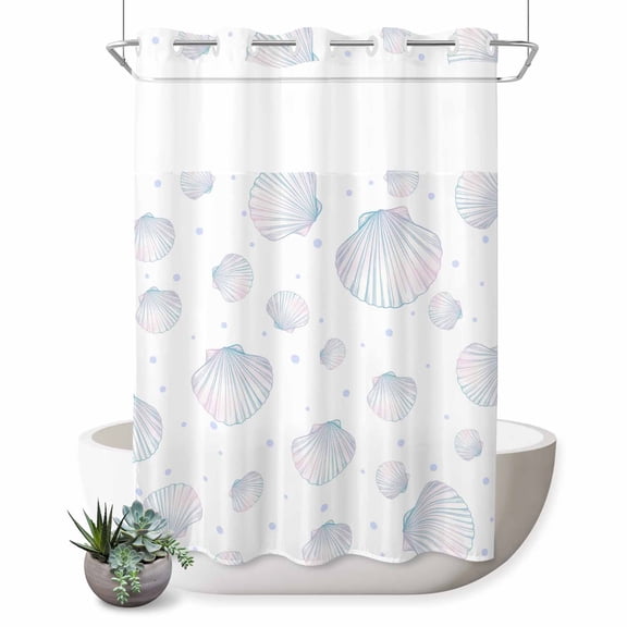 No Hook Shower Curtain, Colorful Shell Coastal Shower Curtains for Bathroom with See Through Top Window, Nautical Summer Beach Ocean Sea Waterproof & Washable Bath Curtain Extra Long 72"x84"