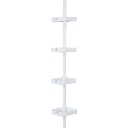 4 Tier Tensions Corner Shower Caddy | Shelves| Adjustable 48″-101″| Bathroom Organizer| Bathtub and Shower Stall| Holds Large Bottles| Soap| Shampoo| Washcloths| Matte White.