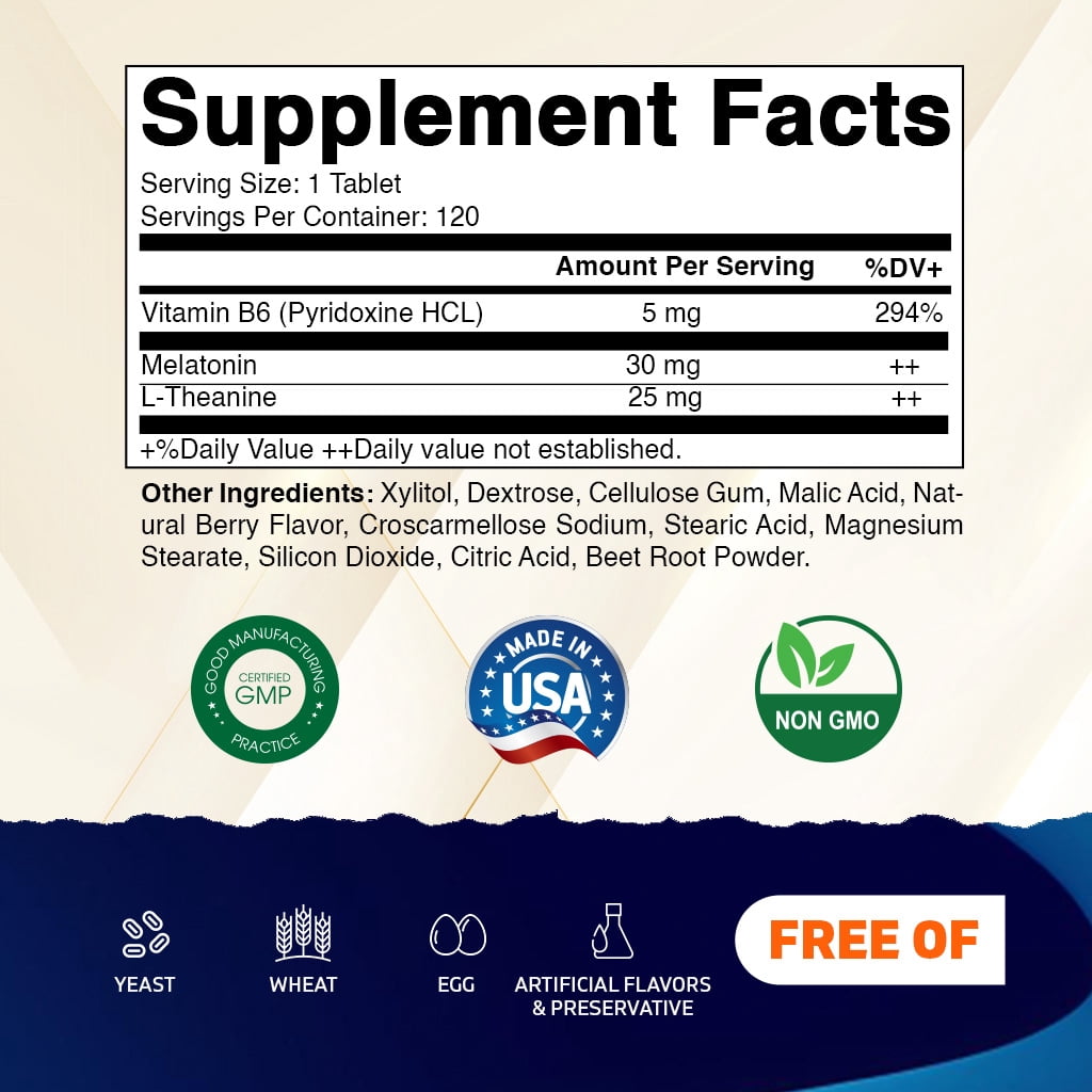 Vitamatic Melatonin 30mg - with B6 & L-Theanine - 120 Fast Dissolve Tablets with Natural Berry Flavor (2 Tablets Dose = Melatonin 60mg)- 2 Pack