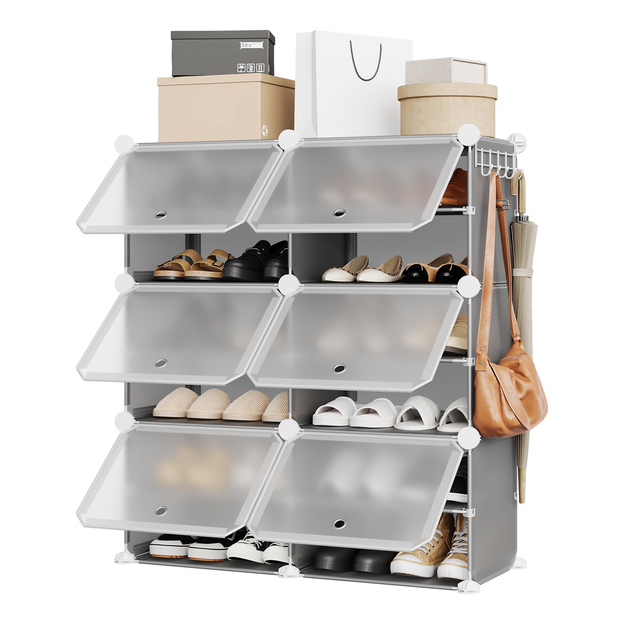 Modular 6-Cube Shoe Storage Cabinet with Doors – 6-Tier Plastic Shoe Organizer – Space-Saving – Easy DIY Assembly – for Entryway, Bedroom, Living Room – Gray