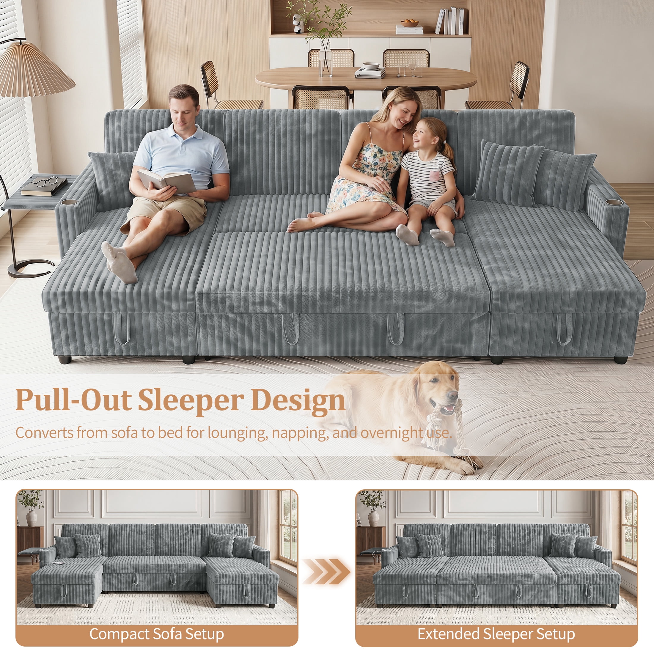 Aenkyo 110" U-Shaped Sleeper Sofa with Pull Out Bed, Storage Chaises and USB, Light Gray
