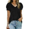 thumbnail image 1 of QAFOPEH Women V Neck Twist Knotted Puff Short Sleeve Solid Color Top, 1 of 5
