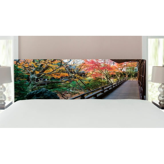 Japanese Headboard, Forest Landscape from a Wooden Balcony in the Fall Paradise Maple Tree Print, Upholstered Decorative Metal Bed Headboard with Memory Foam, King Size, Green Brown, by Ambesonne