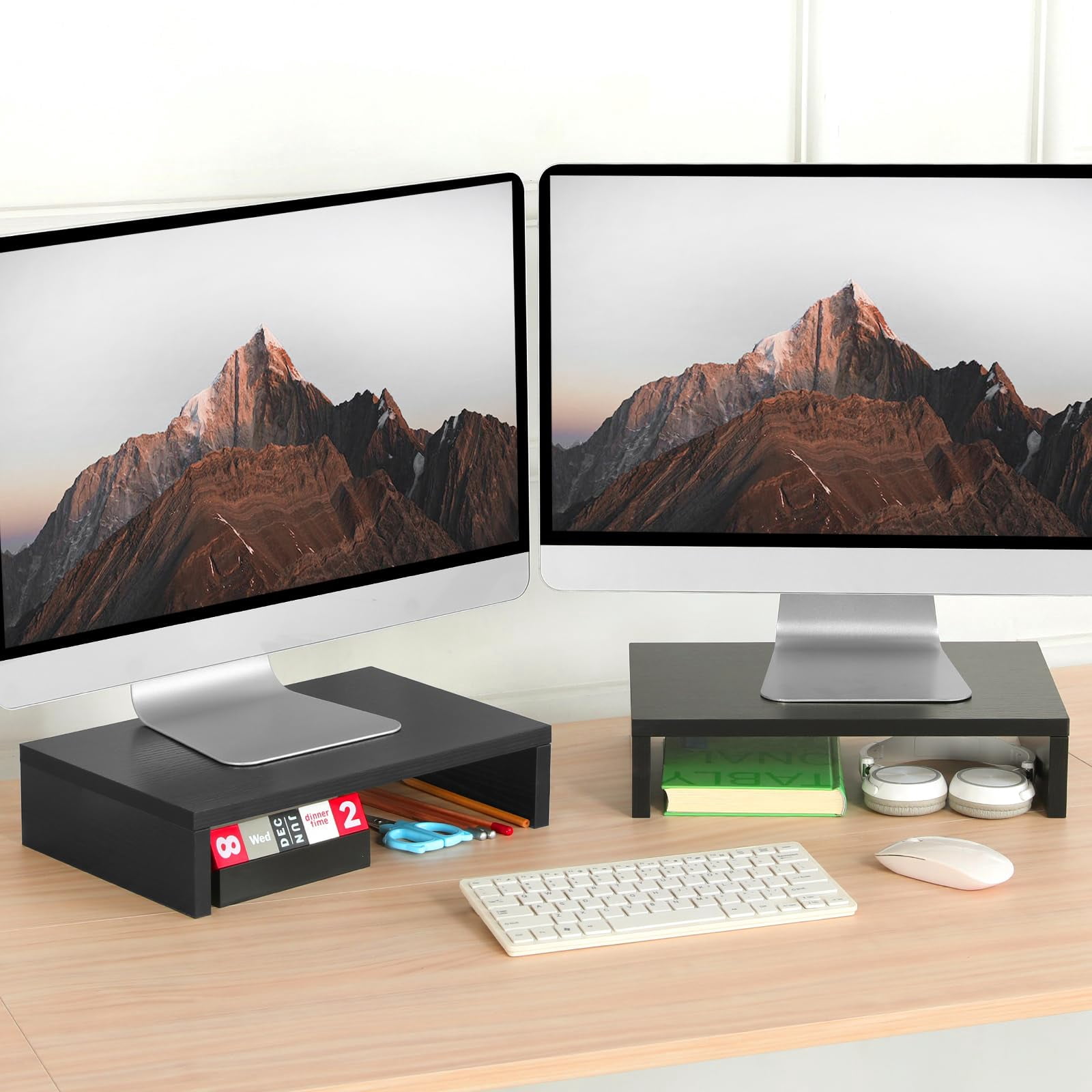 Wood Monitor Stand Riser-2 Pack  2 Tier Adjustable Dual Riser For 2 Monitors/laptop/pc Black Computer Desk