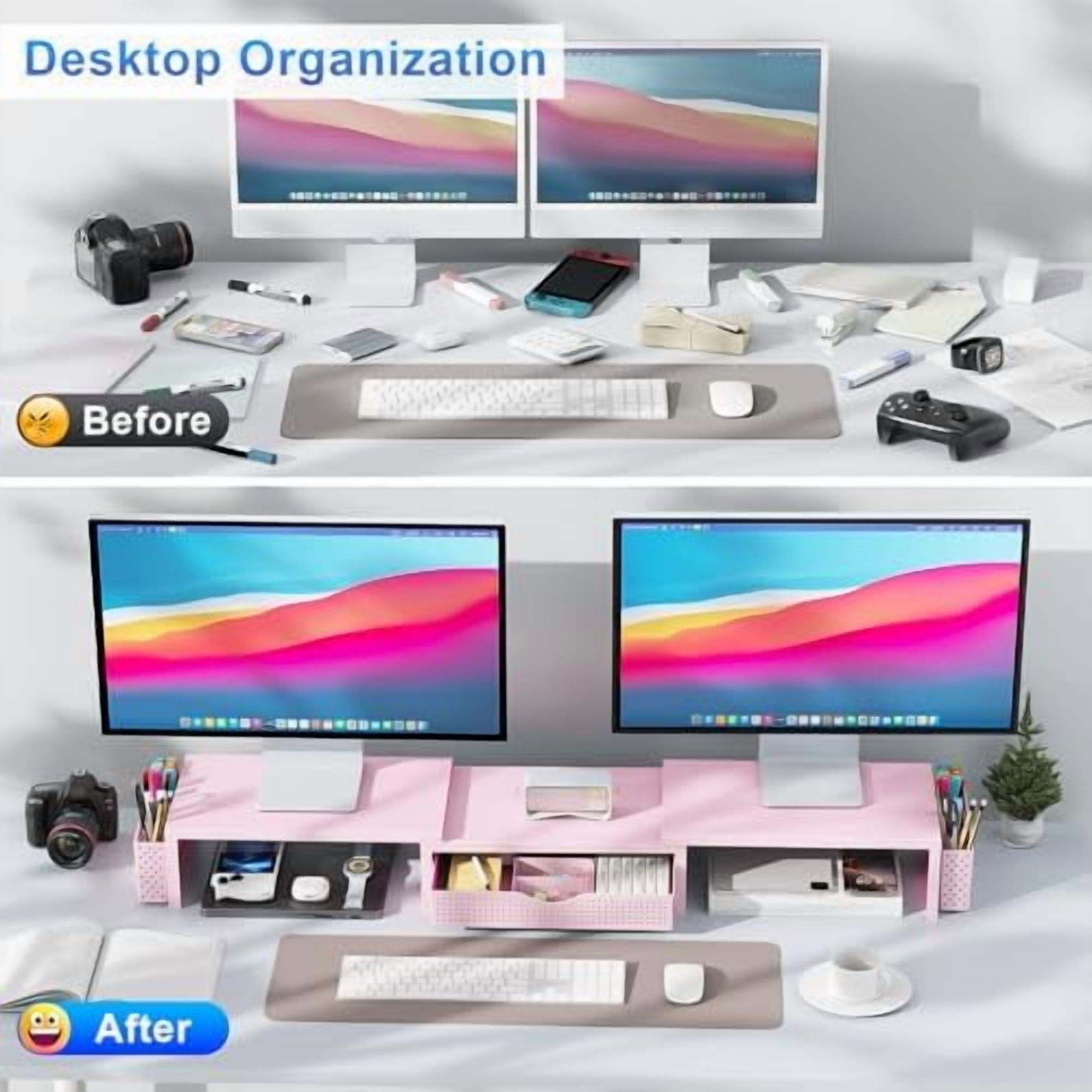 Dual Monitor Stand Riser, Desk Organizer With Drawer and 2 Pen Holders,Desk Organizers and Accessories, Pink Office Supplies (Pink)