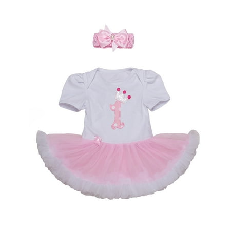 StylesILove Cute Character Baby Girl Holiday Birthday Party Tutu Dress Romper with Headband 2 pcs Outfit Set (95/18-24 Months, Pink 1st
