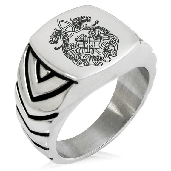 Stainless Steel Dragon Knot Skuld's Net Viking Rune Chevron Pattern Biker Style Polished Ring