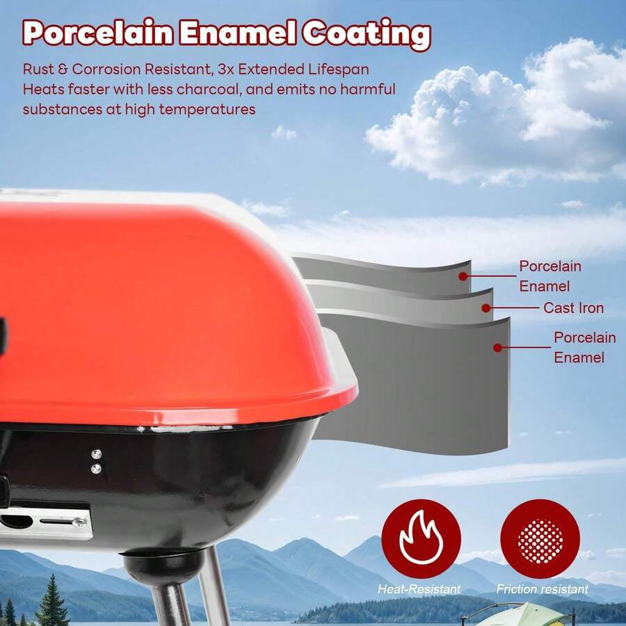 22inch Portable Charcoal Grill, Red Charcoal Grill With Portable Wheel And Handle, Suitable Cooking, Camping And Picnic(Red)
