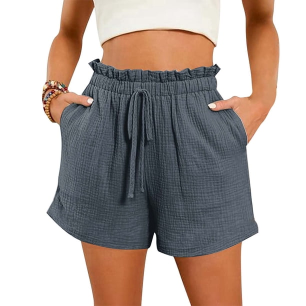 MKLEKYY Pantalones Cortos de Playa Holgados con Bolsillo y Cintura Alta de Color Liso para Mujer, Moda de Primavera y Verano