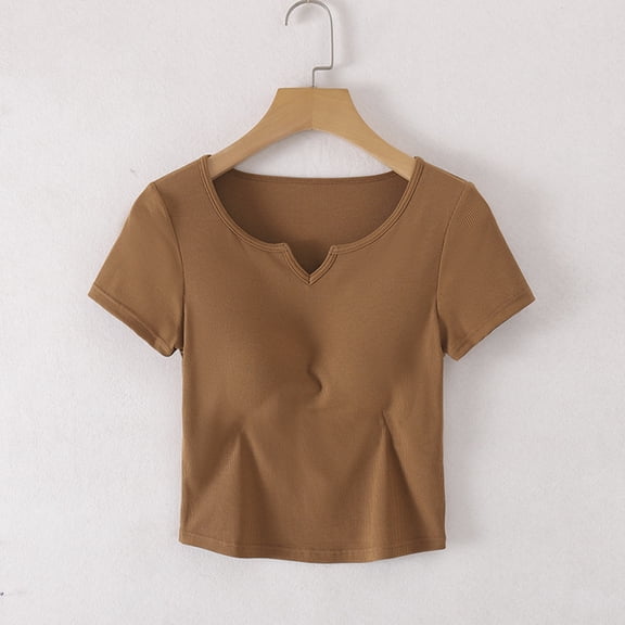 Nestiefly Womens Short Sleeve Shirts with Built in Bra V Neck Basic Tee Tops Summer Athletic Workout Yoga Padded Shirts Coffee L