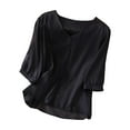 thumbnail image 2 of Dazajoo Embroidered Linen Shirts for Women Elegant V Neck Half Sleeve Blouse Lightweight Loose Summer Casual Tunic Tops,Black,L, 2 of 6