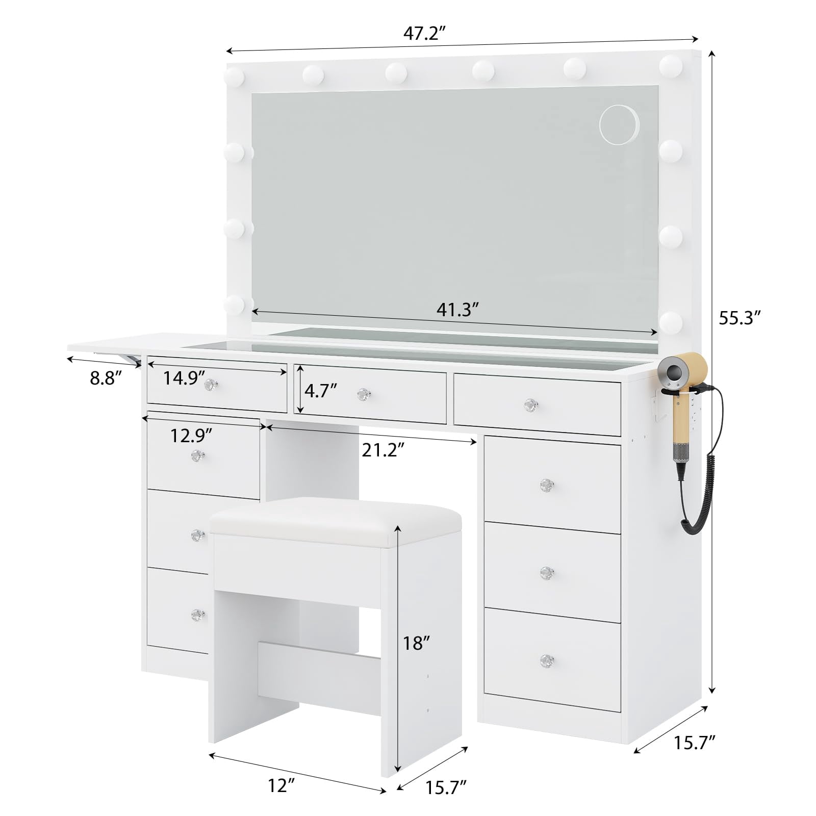 Make-up table, equipped with power socket, 9 drawers, 12 LED lights in the mirror, 3 lighting modes, glass tabletop and stool, foldable panel.