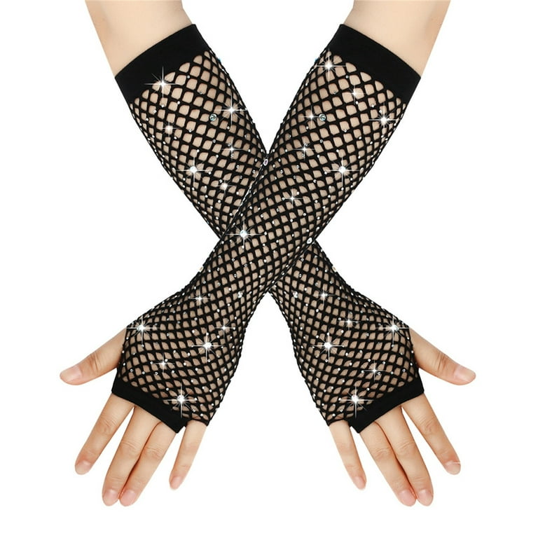 XMMSWDLA Rhinestone Fingerless Fishnet Gloves 80s Fishnet Long Gloves  Sparkly Glitter Fashion Opera Gloves Mesh Gloves Black 
