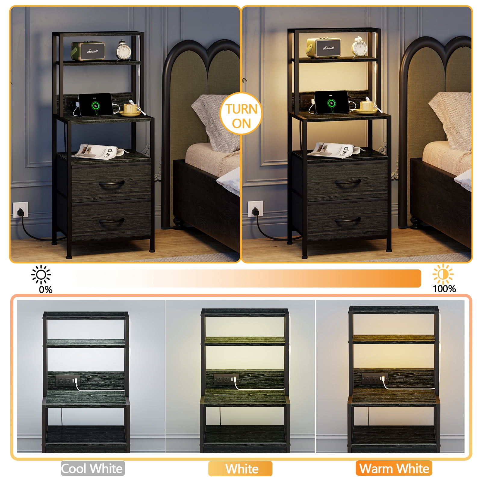 Satifur Tall LED Nightstand,Bedside Table with Charging Station,2 Fabric Drawers & Shelfs for Bedroom Living Room,Black Oak