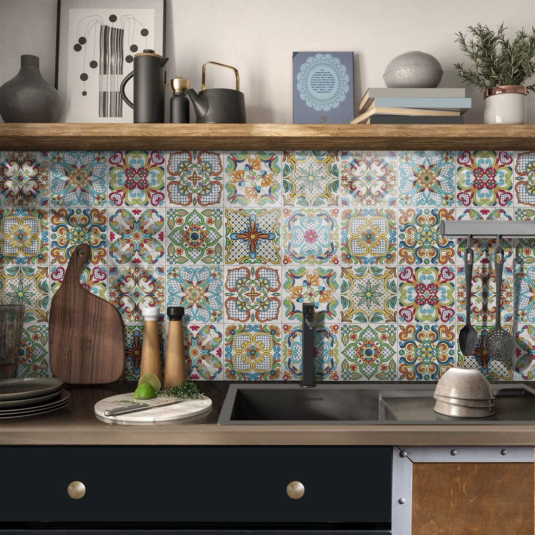 24Piece Self Adhesive Tiles Wall Stickers Waterproof Decals 7.87" x 7.87" DIY Decor Multicolor Flowers Peel and Stick Kitchen Backsplash
