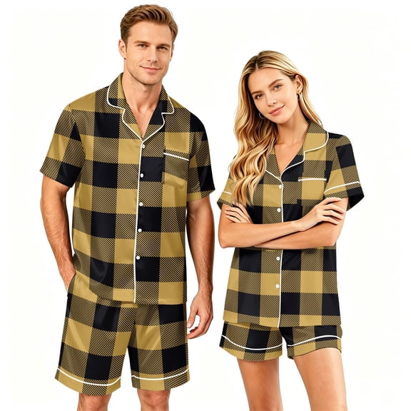 Men's Pajama Sets Button Up Pajamas for Women Matching Pj Set Women Plaid Button Down Soft Cooling Sleepwear with Pockets Women Men Short Sleeve Matching Pajamas Set for Couples Lounge 2Pcs, Black, L
