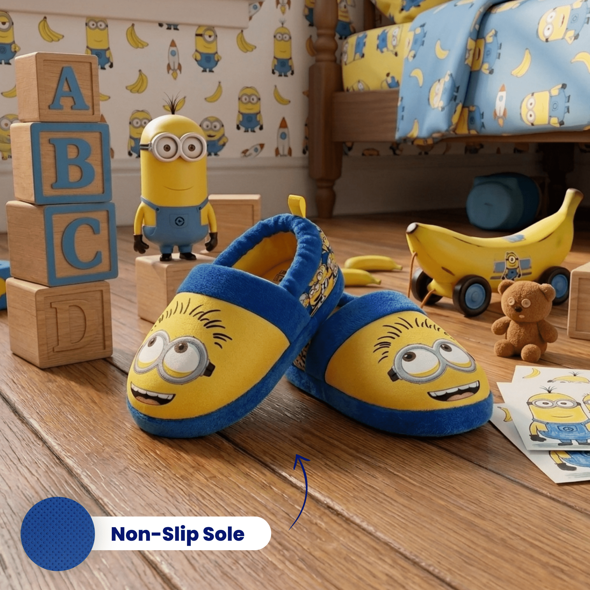 Minions Dual Sizes Kids Slippers. (Toddler  Little Kids), Blue Yellow, 11 12
