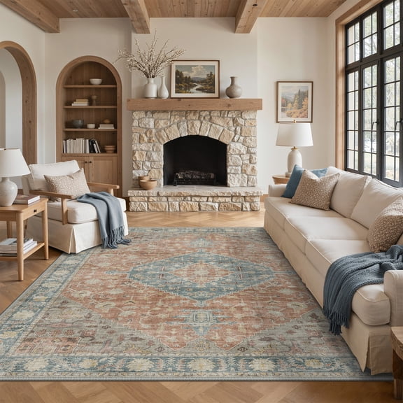 KUETH 8X10 Vintage Area Rugs Machine Washable Rugs for Living Room, Non Slip Flat Pile Rug with Rubber Backing, Boho Rug for Entryway Bedroom Dining Room Home Office