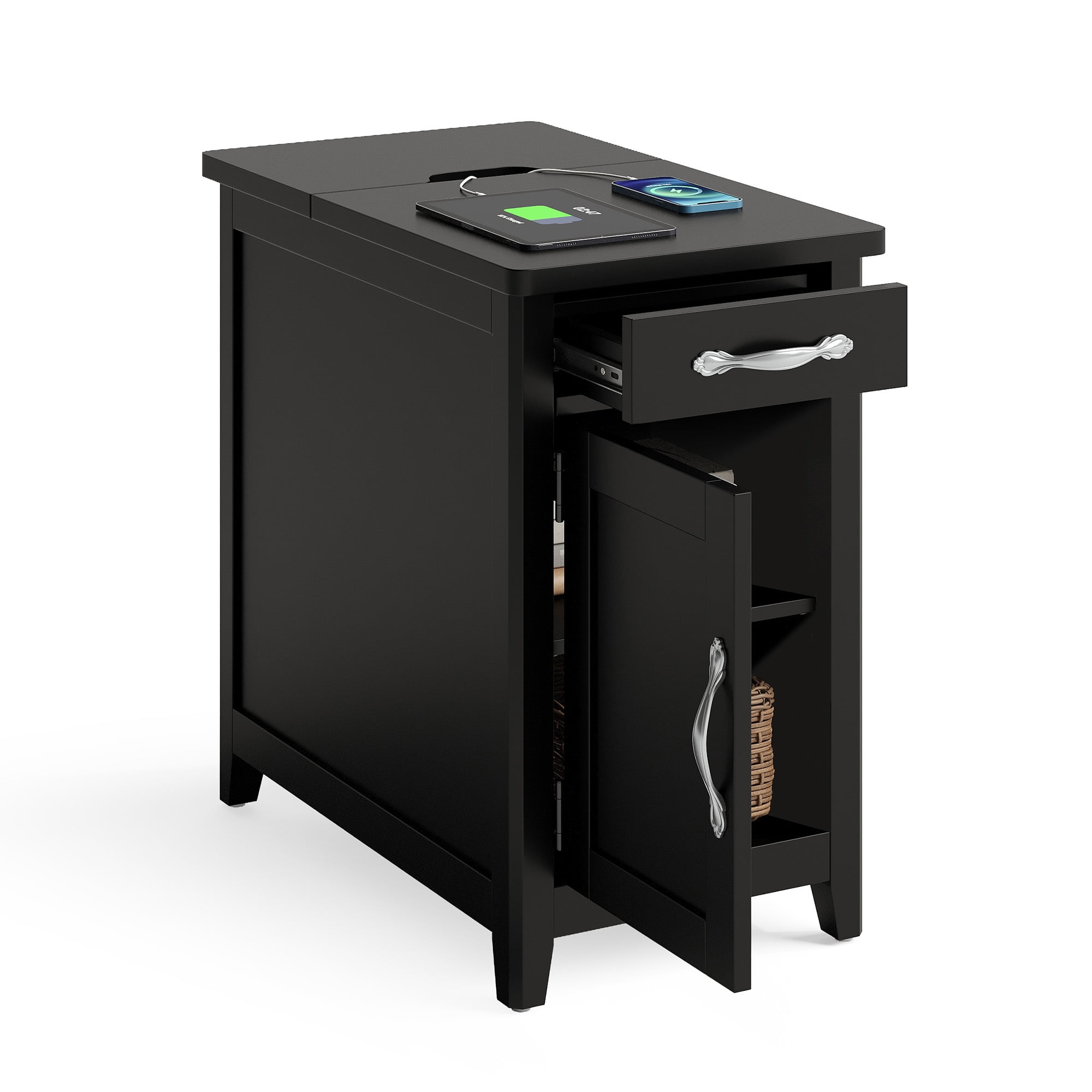 LINSY HOME End Tables for Living Room with Charging Station, Nightstand for Bedroom with Drawer and Detachable Holder,Black