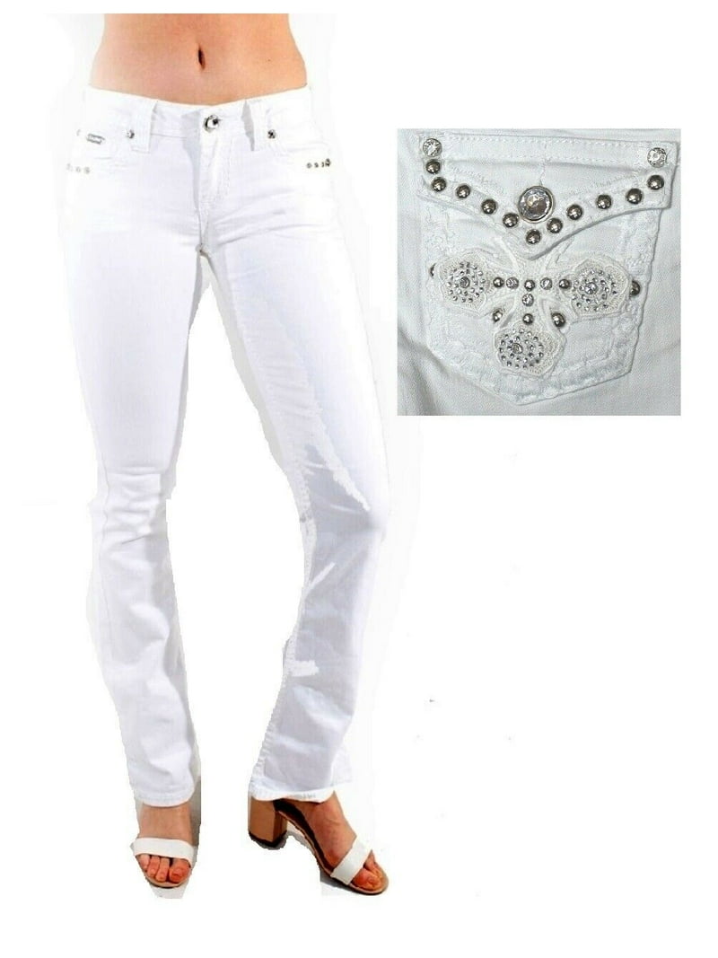 パンツ +DEINET+ SCRATCH DAMAGE BOOTSCUT DENIM PANTS IN WHITE KDCMP4 LA Idol Women's Rhinestone Mid Rise Bootcut Stretchy Denim