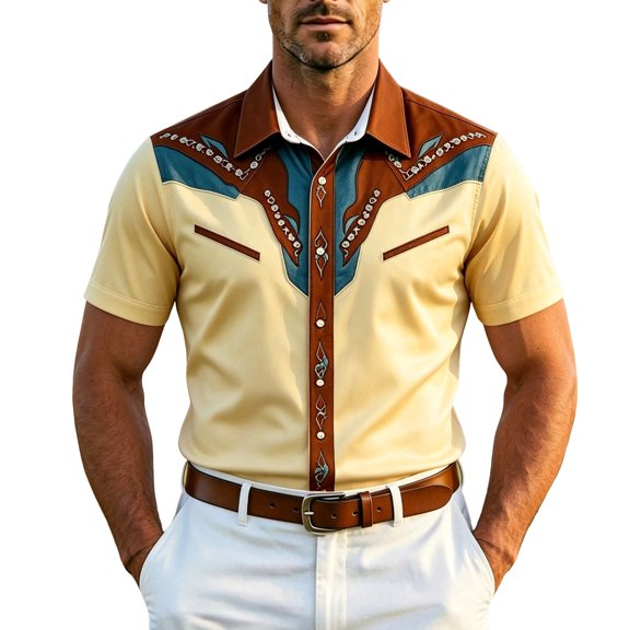 SRZYMJ Western Shirts for Men Cowboy Pearl Snap Short Sleeve Embroidered Country Shirts Casual Work Slim Fit Button Down Outfits