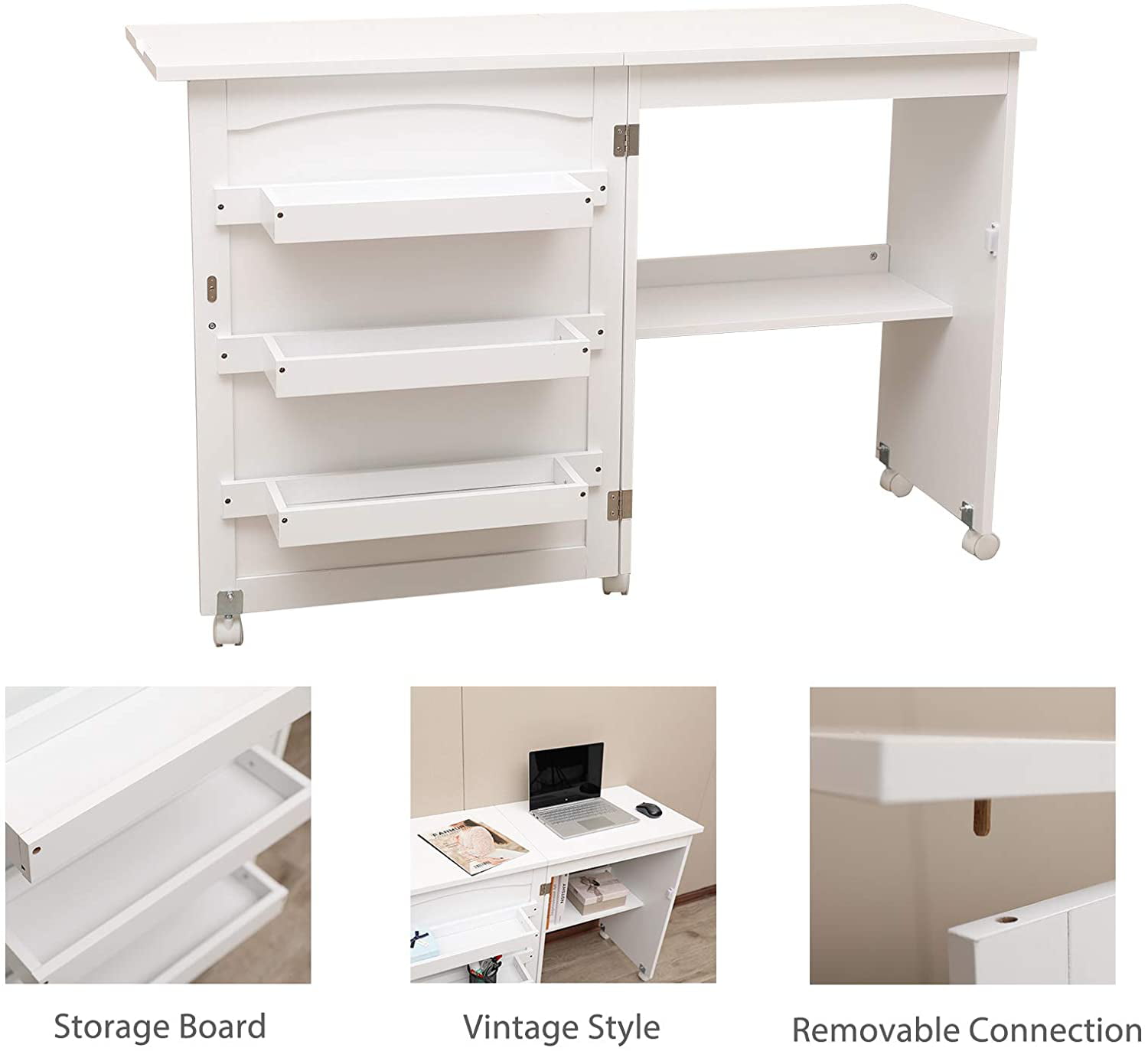 Art Desk with Storage Shelves and Lockable Casters Lipo Foldable Sewing Craft Table Cart Space-Saving Sewing Cabinet for Home Office White 