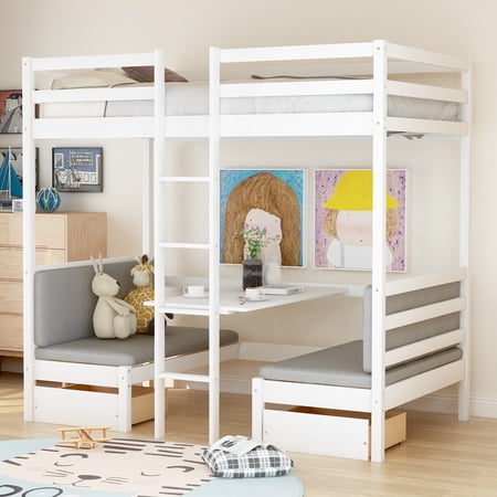 Kumji Twin Size Loft Bed with Desk  Storage  and Safety Guardrails - Convertible Bedframe with Ladder and Two Drawers - Space-Saving White Design  No Box Spring Needed - Ideal for Kids  White