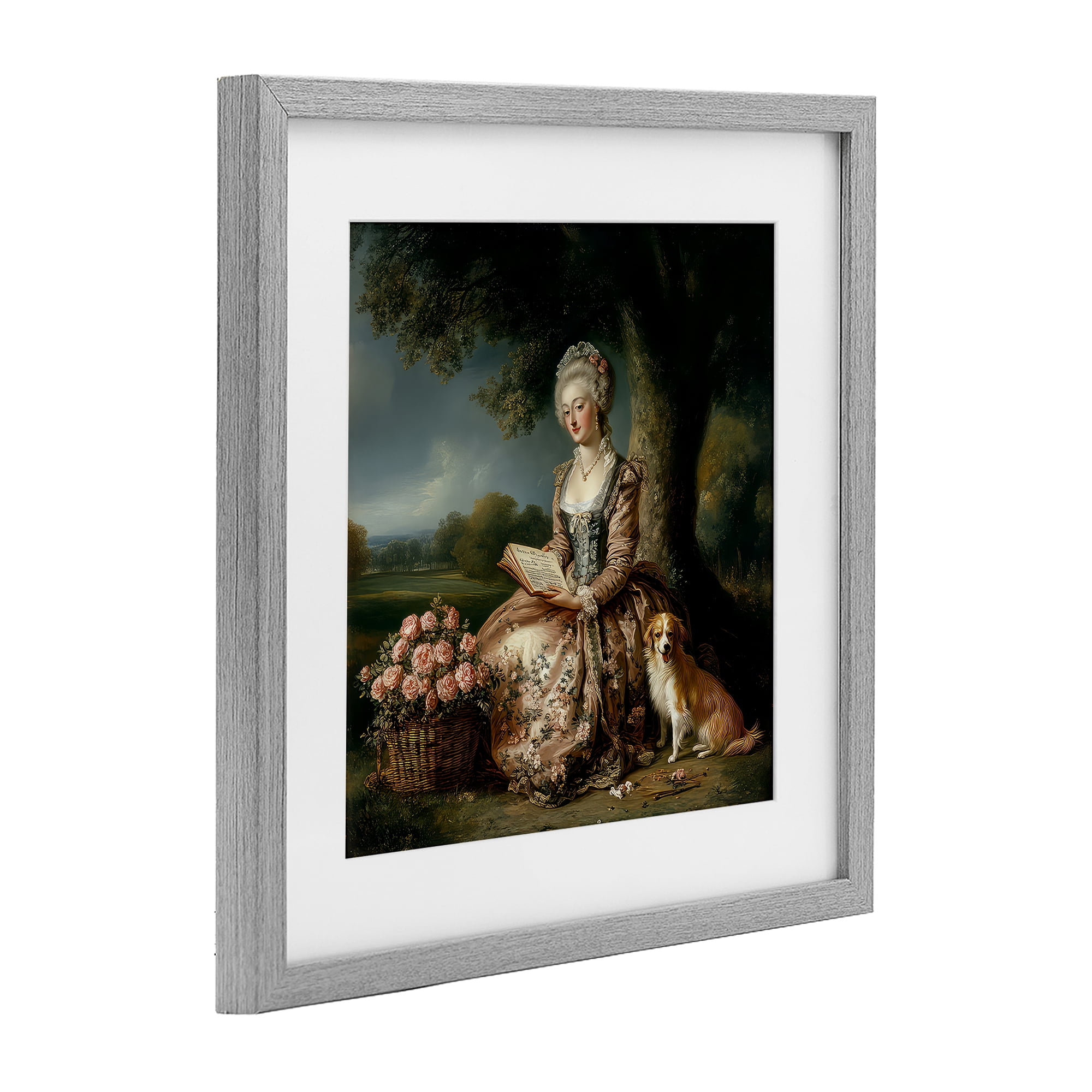 Stupell Industries Rococo Woman with Dog Gray Framed Print Under Glass, design by The Wands Want