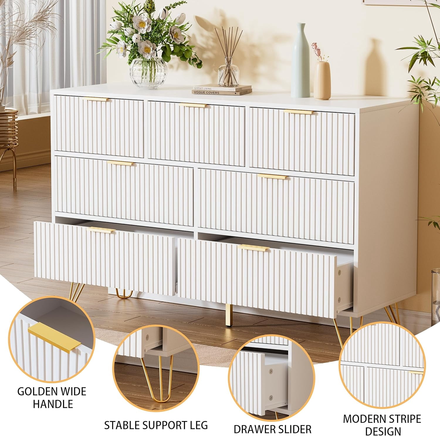 FURNIWAY Dresser for Bedroom, Fluted Modern Dresser with Gold Pulls and 7 Drawers,Fluted Wood TV Stand for Living Room, Hallwa,White