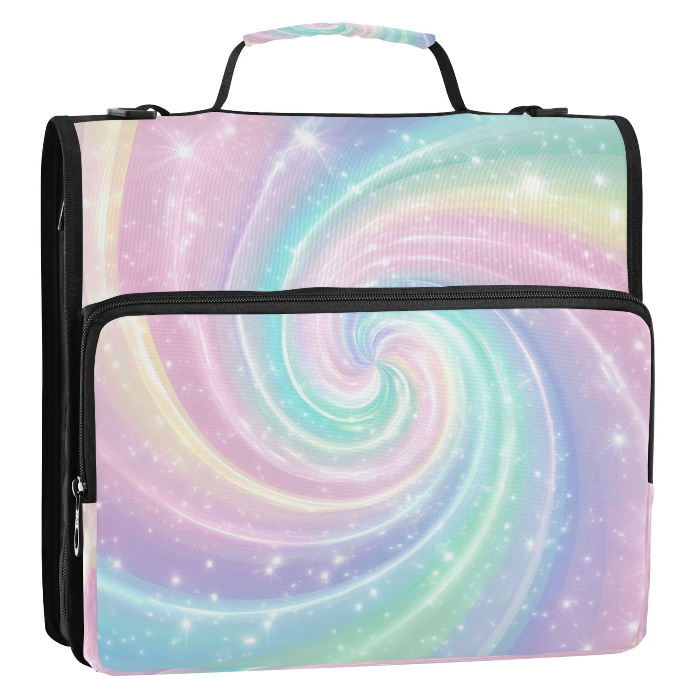 Water-Resistant 3-Ring Binder Organizer with Multiple Pockets Zipper Binder Bag for Office Cute Pastel Rainbow Swirl