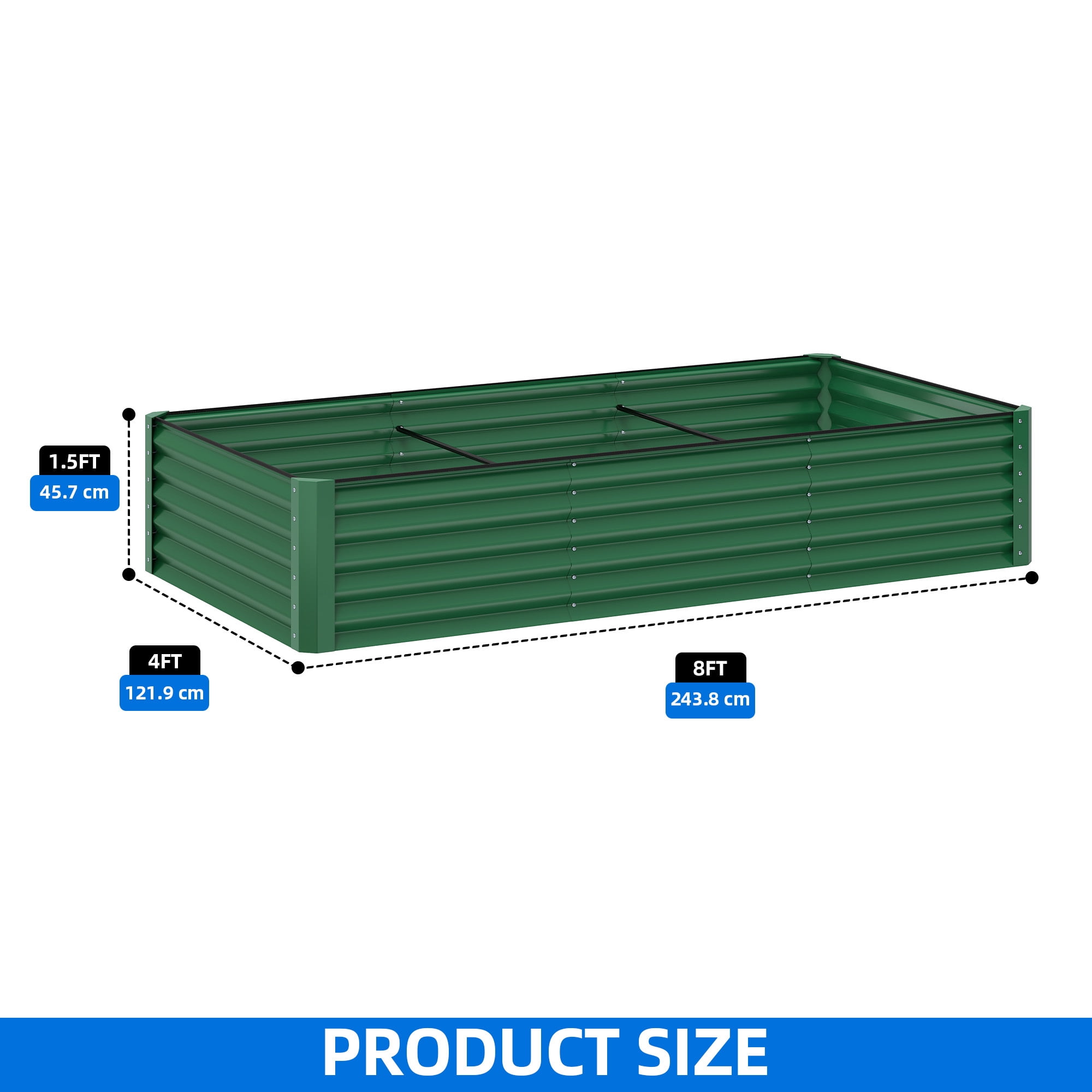 Uforic 8x4x1.5ft 1 Pack Galvanized Metal Raised Garden Bed Kit with Gloves, Safety Rubber and Support Rod, Green