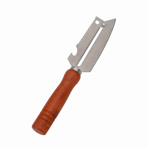 Multifunctional Vegetable Peeler with Wooden Handle and Bottle Opener 2-in-1 Stainless Steel Blade Kitchen Tool for Fruit Apple Potato Pumpkin Papaya Zucchini