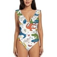 thumbnail image 2 of Yiaed Dinosaur Print Women's Ruffled One Piece Swimsuit V Neck Swimwear Slimming Monokini for Woman-X-Large, 2 of 8