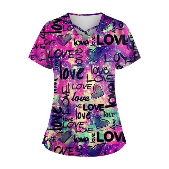 Women’s V-Neck Scrub Top with Cute Heart Print, Short Sleeve, Soft Breathable Fabric, Two Pockets, Ideal for Medical Professionals, Nurses, and Healthcare Workers, Comfortable Workwear Uniform