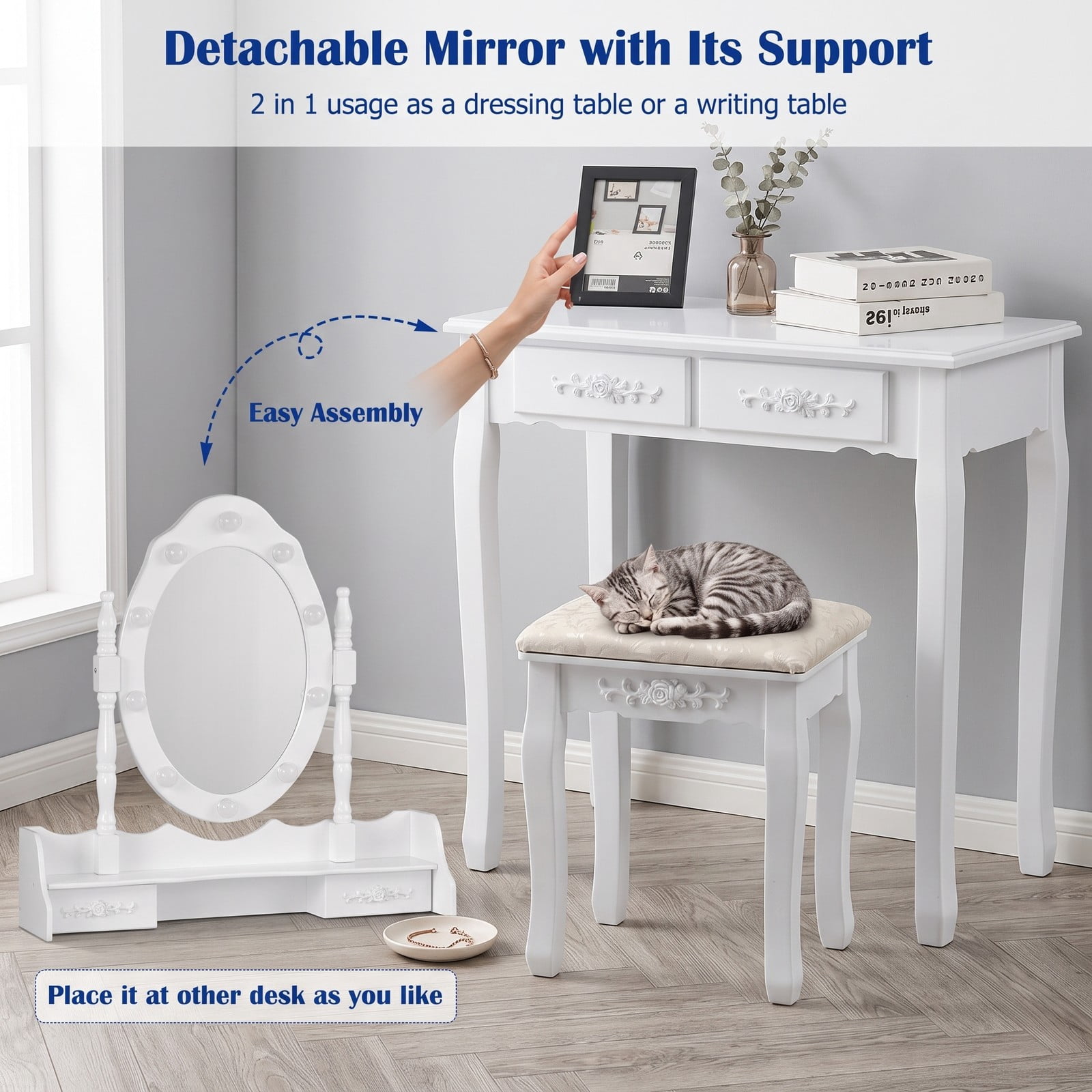 Furnibear Makeup Vanity Table Set with Dimmable Lighted Mirror 4 Drawers Cushioned Stool Wood Legs for Bedroom, White