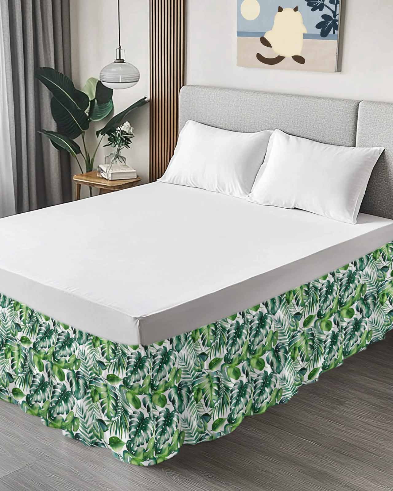 Tropical Bed Skirt Queen Size, Green Palm Leaf Summer Plant Wrap Around Bed Skirting with Adjustable Elastic Strap, Dust Ruffle Pleated Bedskirts 18 Inch Drop for Bedroom Queen Beds