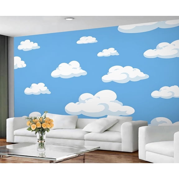 White Clouds Mural Kids - Cartoon Cloud Wall Paintings, Blue Sky 3D Wall Mural For Living Room Bedroom, Clouds Murals 118"W x 83"H (Not Peel and Stick)