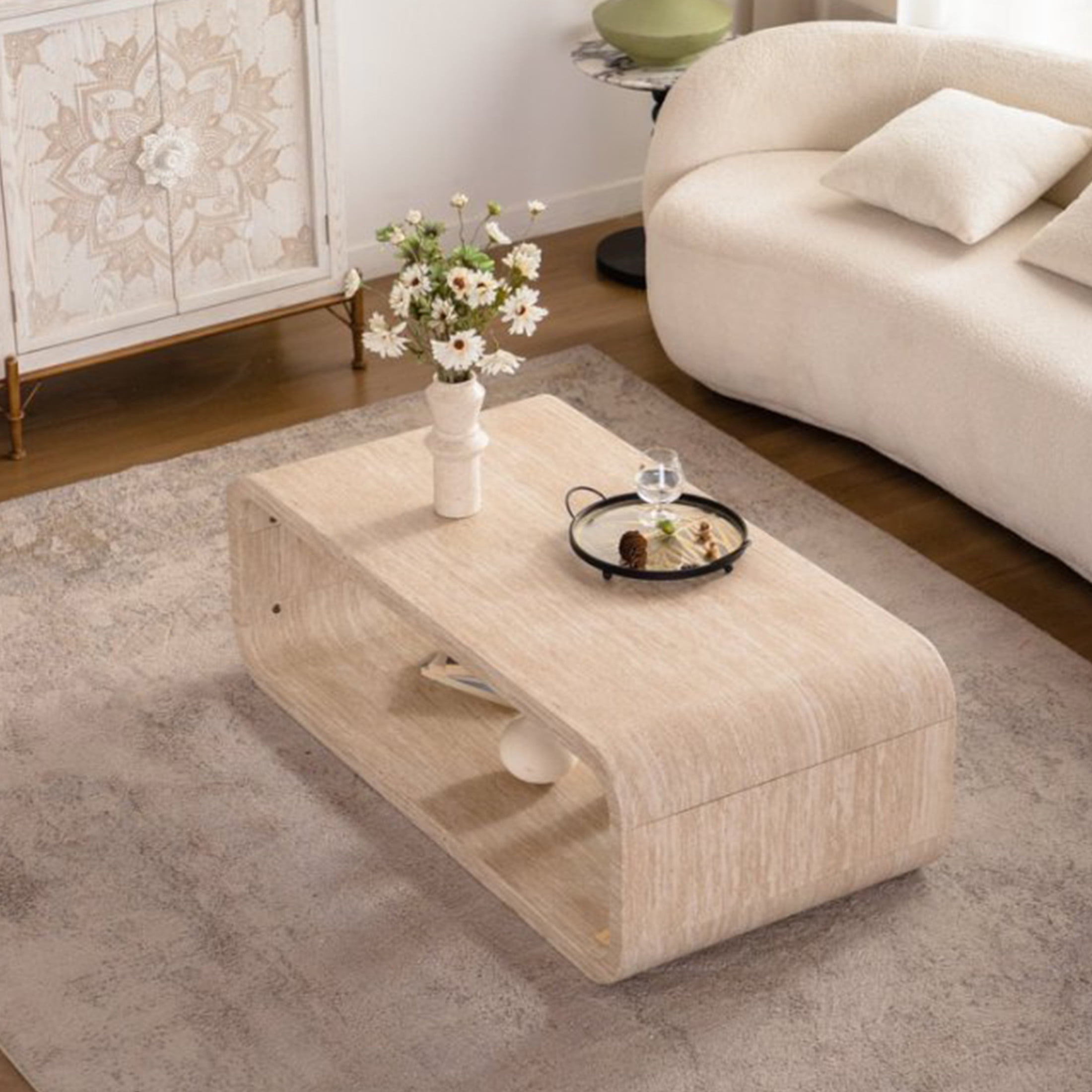Noble House Dyani 47" Elegant Curved Coffee Table with Open Storage Shelf, for Contemporary Living Room, Amber