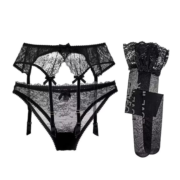 Sexy Lace Garter Belts Panties Printing Stockings for Women's 3 Piece Lingerie Set Black