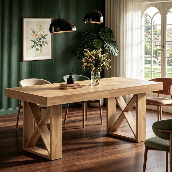 Fnova 63'' Farmhouse Dining Table for 4-6 People, Rectangular Dinner Table with Sturdy X-Shaped Base, for Dining Room, Living Room, Kitchen & Home Office