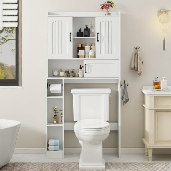Vabches Over The Toilet Storage Cabinet, Above Toilet Organizer with Sliding Door & Tissue Bar, Hooks and Adjustable Shelves
